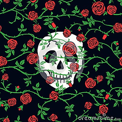 Red rose floral seamless pattern with climbing curly flower, green leaf and skull or cranium. Vector Illustration